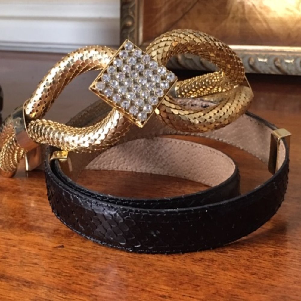 HIGH-END Goldtone Mesh &Rhinestone Snake Skin Belt